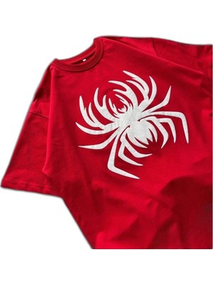 YM PAZARLAMA Erkek Örümcek Baskılı Tişört Kısa Kollu Bisiklet Yaka T-Shirt - Kırmızı