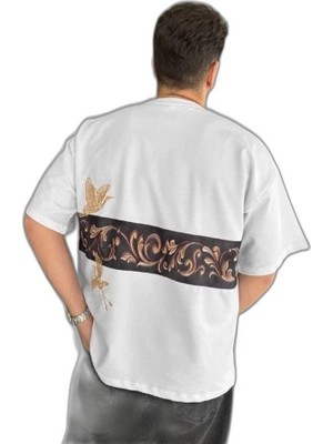 YM PAZARLAMA Erkek T-Shirt Ön ve Arka Baskılı Oversize Bisiklet Yaka Tişort - Beyaz