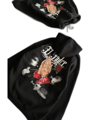 YM PAZARLAMA Kadın Oversize Kapüşonlu Cepli Baskılı 3 Iplik Pamuklu Hoodie Sweatshirt - Siyah