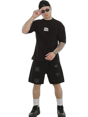 YM PAZARLAMA Erkek Kısa Kol Yazlık Tişört Bisiklet Yaka Baskılı Oversize T-Shirt - Siyah