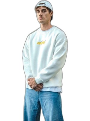 YM PAZARLAMA Erkek 3 Iplik Pamuklu Kışlık Bisiklet Yaka Baskılı Sweatshirt - Beyaz
