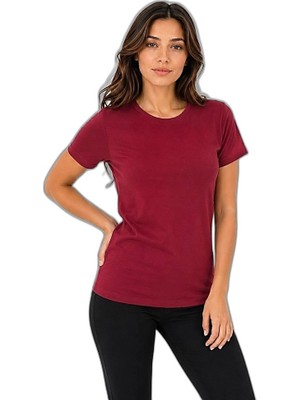 YM PAZARLAMA Kadın Basic Tişört Bisiklet Yaka Kısa Kol Günlük Yazlık Slim Fit T-Shirt - Bordo