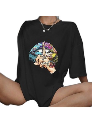 YM PAZARLAMA Kadın Baskılı T-Shirt Kısa Kol Bisiklet Yaka Oversize Rahat Kalıp Günlük Tişört   - Siyah