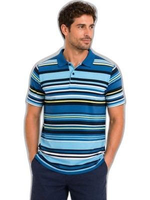 YM PAZARLAMA Erkek Çizgili Polo Yaka Tişört Kısa Kol Yazlık T-Shirt Regular Fit - Mavi
