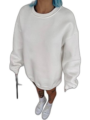 YM PAZARLAMA Kadın Bisiklet Yaka 3 Iplik Pamuklu Basic Sweatshirt - Beyaz