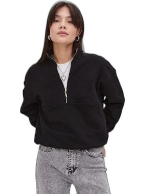 YM PAZARLAMA Kadın 3 Iplik Pamuklu Oversize Yarım Fermuarlı Yakalı Basic Sweatshirt - Siyah