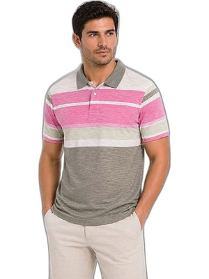 YM PAZARLAMA Erkek Flamlı Penye Çizgili Polo Yaka Tişört Kısa Kol Yazlık T-Shirt - Gri