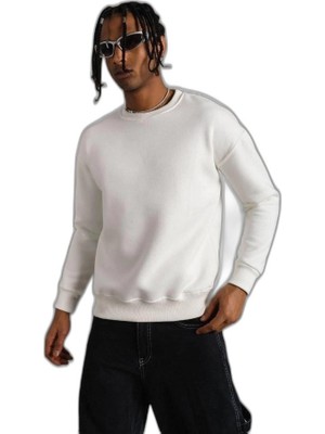 YM PAZARLAMA Erkek Düz Bisiklet Yaka 3 Iplik Pamuklu Sweatshirt - Beyaz