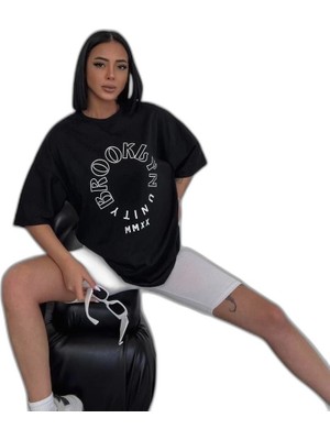 YM PAZARLAMA Kadın Baskılı T-Shirt Kısa Kol Bisiklet Yaka Oversize Rahat Kalıp Günlük Tişört - Siyah
