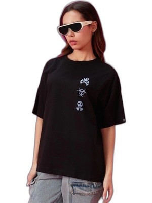 YM PAZARLAMA Kadın Kısa Kol Yazlık Tişört Bisiklet Yaka Baskılı Oversize T-Shirt - Siyah