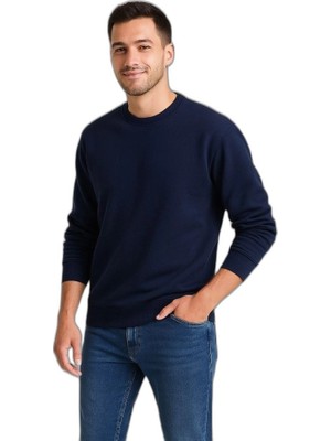 YM PAZARLAMA Erkek 3 Iplik Pamuklu Düz Bisiklet Yaka Sweatshirt - Lacivert