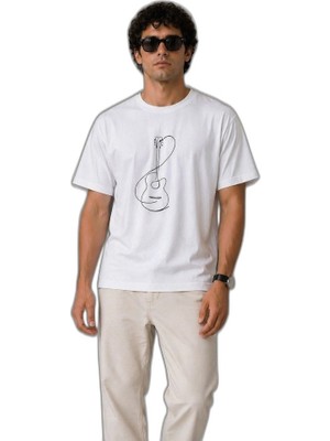 YM PAZARLAMA Erkek Minimal Gitar Baskılı Tişört T-Shirt Yazlık Kısa Kol Bisiklet Yaka T-Shirt - Beyaz