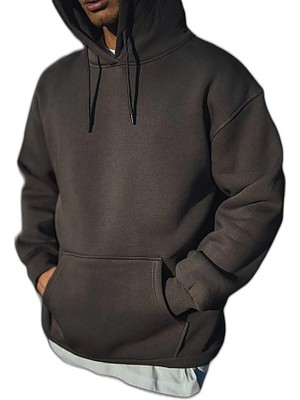 YM PAZARLAMA Erkek 3 Iplik Pamuklu Kapüşonlu Basic Sweatshirt Hoodie - Füme