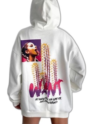 YM PAZARLAMA Kadın Oversize Kapüşonlu Cepli Want Baskılı 3 Iplik Pamuklu Hoodie Sweatshirt - Beyaz