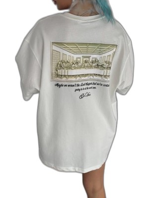 YM PAZARLAMA Kadın Baskılı T-Shirt Kısa Kol Bisiklet Yaka Oversize Tişört - Beyaz