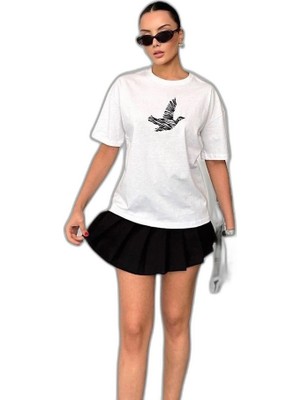 YM PAZARLAMA Kadın Baskılı T-Shirt Kısa Kol Bisiklet Yaka Regular Fit Yazlık Tişört - Beyaz