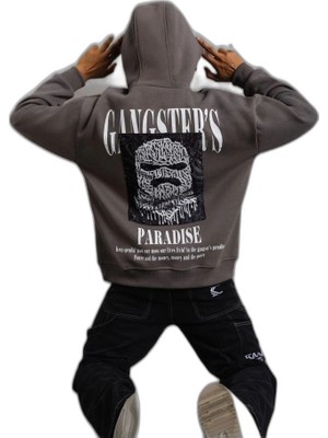 YM PAZARLAMA Erkek 3 Iplik Pamuklu Baskılı Kapüşonlu Cepli Sweatshirt Hoodie - Gri