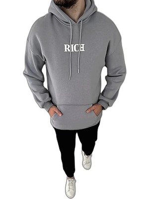 YM PAZARLAMA Erkek 3 Iplik Pamuklu Kapüşonlu Kanguru Cepli Baskılı Oversize Hoodie Sweatshirt - Gri