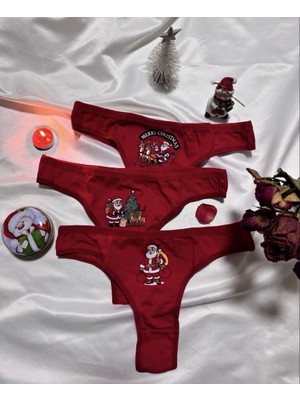 Trend Dokunuş Kadın 3'lü Kırmızı Yılbaşı Temalı Noel Figürlü Pamuklu Külot