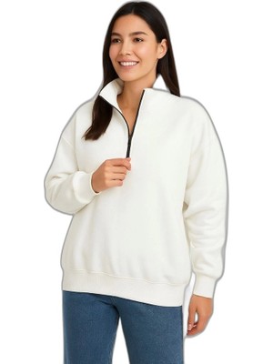 YM PAZARLAMA Kadın 3 Iplik Pamuklu Dık Yaka Yarım Fermuarlı Sweatshirt - Beyaz