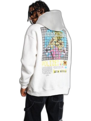 YM PAZARLAMA Erkek 3 Iplik Pamuklu Kapüşonlu Baskılı Cepli Oversize Sweatshirt Hoodie - Beyaz