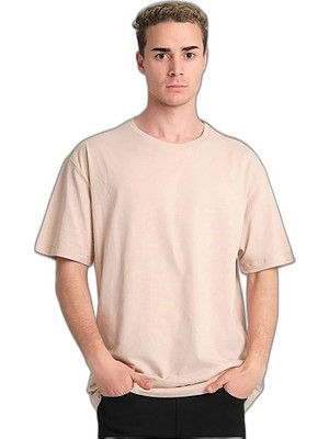 YM PAZARLAMA Erkek Düz Tişört Bisikilet Yaka Kısa Kol Oversize T-Shirt - Bej