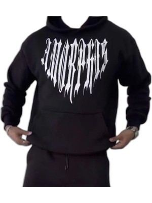 YM PAZARLAMA Erkek Kapüşonlu Kanguru Cepli Sweatshirt 3 Iplik Pamuklu Baskılı Hoodie -  Siyah