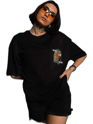 YM PAZARLAMA Kadın Bisiklet Yaka Baskılı Oversize Kısa Kol T-Shirt - Siyah