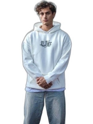YM PAZARLAMA Erkek Kapüşonlu Kanguru Cepli Sweatshirt 3 Iplik Pamuklu Baskılı Hoodie - Beyaz