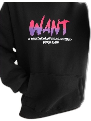YM PAZARLAMA Kadın Oversize Kapüşonlu Cepli Want Baskılı 3 Iplik Pamuklu Hoodie Sweatshirt - Siyah