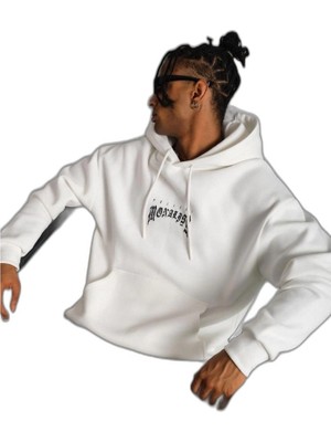 YM PAZARLAMA Erkek Baskılı Kapüşonlu ve Kanguru Cepli Sweatshirt Hoodie - Beyaz