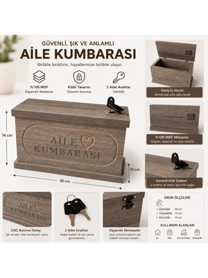 Bozkurt Cnc Kumbara - "aile Kumbarası" Cnc Kazıma Kilitli Kumbara 2 Anahtarlı Geniş Hacim Güvenli Şık Tasarım %100 Mdf