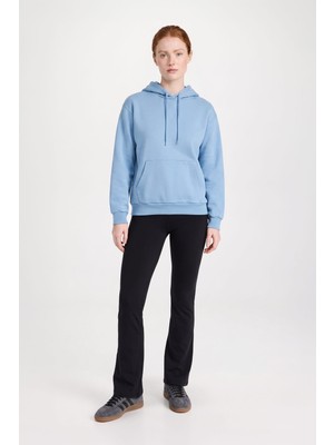 Markapia Kadın Kapüşonlu Cepli Yazı Baskılı Mavi Sweatshirt