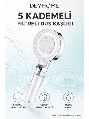 Deyhome 5 Kademeli Filtreli Masajlı Duş Başlığı – İçerisinde 1 Adet Filtre Dahil, Beyaz/Krom