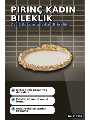 Eco Lounge Sıralı Zirkon Taşlı Pirinç Kadın Bileklik - Gold Renk Tekli Parça, Bijuteri Aksesuar BX-313594