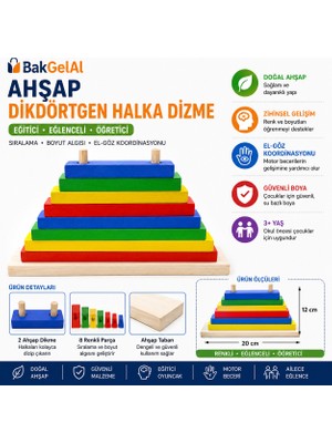 Bakgelal Ahşap Dikdörtgen Sıralama Oyuncağı Montessori Eğitici Renk ve Boyut Eşleştirme 3+ Yaş