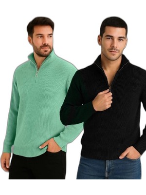 YM PAZARLAMA Erkek Fitilli Triko Kazak 2’li Set Mint Yeşili Siyah Kalın Dokuma Pamuklu Regular Fit V