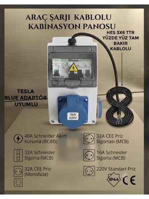 Srcelektronik Sigortalı - 3x6 Ttr Yüzde 100 Hes Kablolu 7.5 Kw - 32 Amper Elektrikli Araç Şarjı Istasyonu Type 2 Ev Charger Mavi Prizli Kombinasyon Panosu