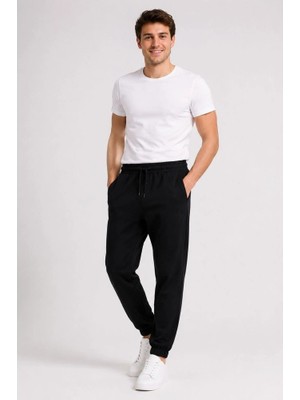 YM PAZARLAMA Erkek Iki Iplik Beli Lastikli Bağcıklı Regular Fit Jogger Eşofman Altı - Siyah