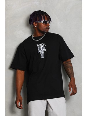 3 Oversize Baskılı Bisiklet Yaka T-Shirt - Siyah -