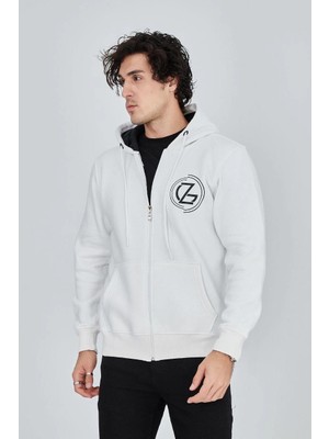 Erkek 3 Iplik Pamuklu Fermuarlı Kapüşonlu Kanguru Cepli Baskılı Hoodie - Beyaz