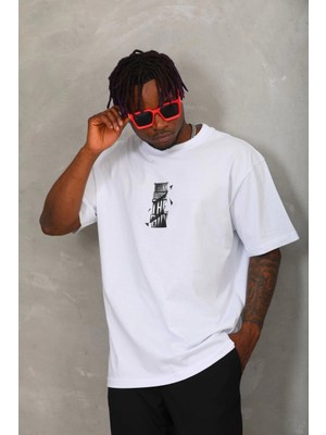 3 Oversize Baskılı Bisiklet Yaka T-Shirt - Beyaz -