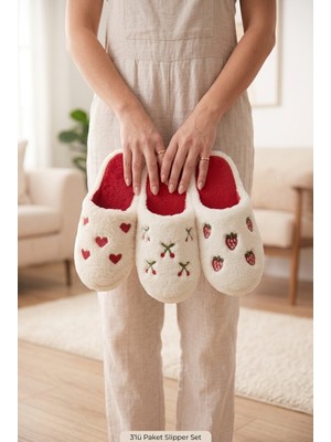 ModaFrato 3'lü Paket Lovely Kapalı Kadın Terlik Ev Terliği Ses Yapmayan Taban Yumuşak Rahat Terlik