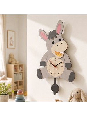 Algwood Eşek Figürlü Sarkaçlı Ahşap Çocuk Duvar Saati Çocuk Odası Dekoratif Saat 56X34 cm Katmanlı Mdf
