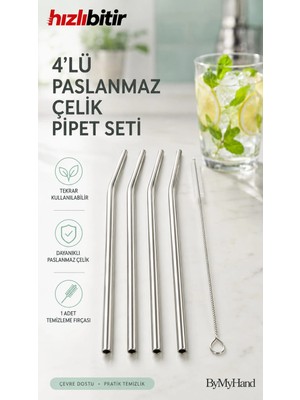By My Hand Bymyhand Paslanmaz Çelik Pipet 4'lü Set (Temizleme Fırçası Hediye)