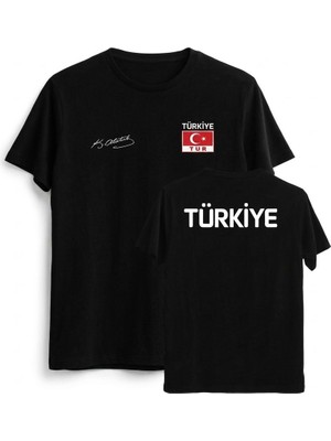 Unisex Siyah Atatürk Imzalı ve Türk Bayraklı Türkiye Tişörtü