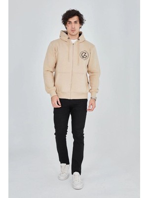 Velmora Fashion Erkek 3 Iplik Pamuklu Fermuarlı Kapüşonlu Kanguru Cepli Baskılı Hoodie Hırka Sweatshirt - Bej