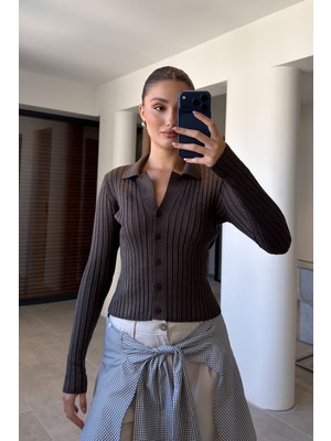 Magarde Polo Yaka Fitilli Triko Hırka- Kahverengi