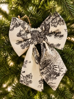 Beige & Stone Mini Boy Antrasit Desenli Kumaş Fiyonk Yılbaşı Çam Ağacı Süsü Dekoratif Kurdele Noel ve Yeni Yıl Süsü 16 cm
