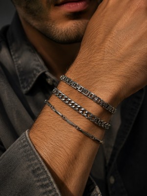 Lia Charm 3'lü Set Paslanmaz Çelik Erkek Bileklik Takı Kombini